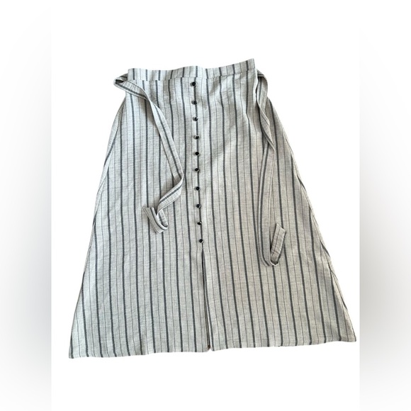 NYCC Beige Striped A-Line Midi Skirt with Tie and button Front - Picture 1 of 7